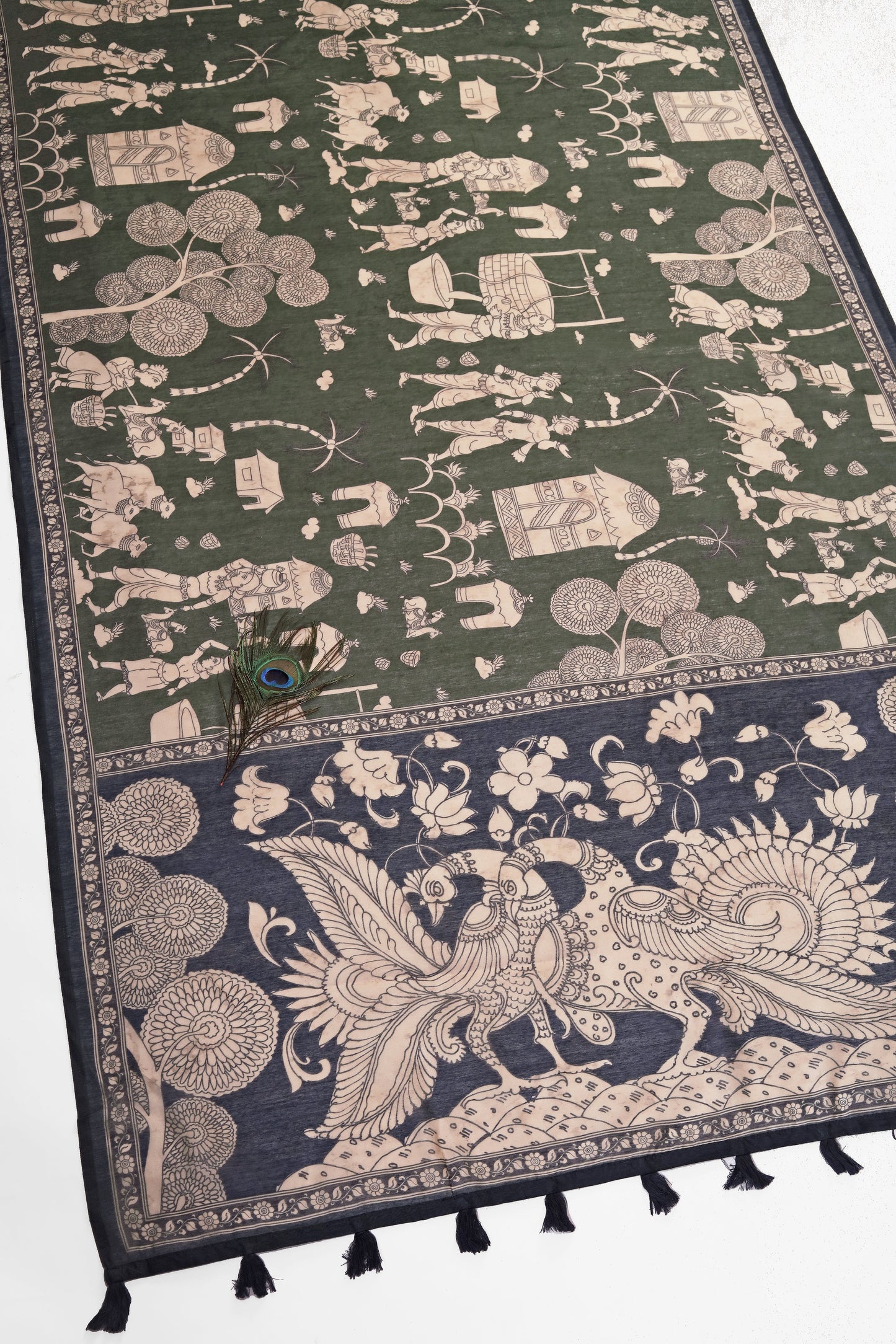 Mehendi & Navy Blue Two-Tone Saree