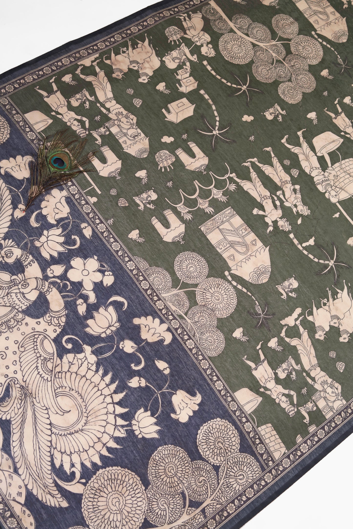 Mehendi & Navy Blue Two-Tone Saree