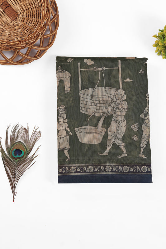 Mehendi & Navy Blue Two-Tone Saree