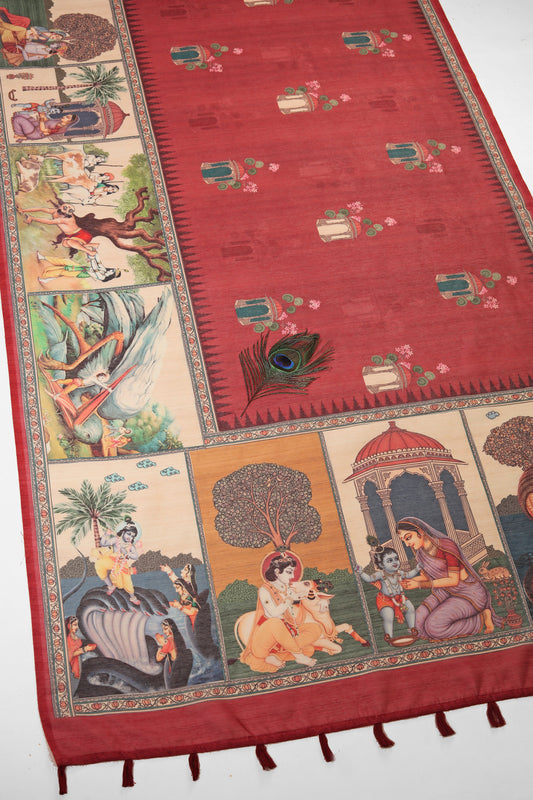 Vrindavan Leela Red Printed Saree