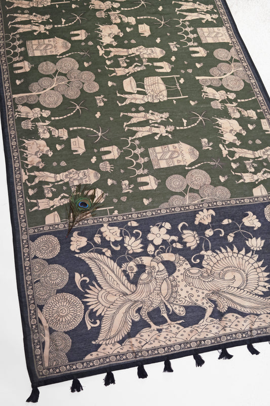 Mehendi & Navy Blue Two-Tone Saree